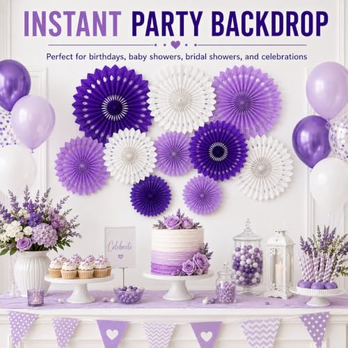 Image of Purple White Hanging Honeycomb Round Paper Fans Halloween Decoration Kit for Baby Boy Shower Birthday Wedding Under The Purple Theme Photo Booth Backdrops Paper Party Supplies 11 Count
