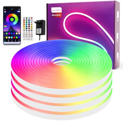 RGB LED Strip 10M, Neon LED Streifen Farbwechsel, Musik-Sync, Wasserdichte, Silikon DIY Flexibler Lichtstreifen mit Fernbedienung, APP Steuerung für Innen und Außendekoration(Inklusive Adapter)