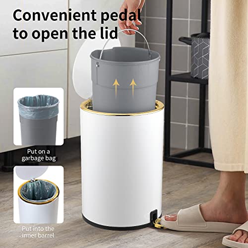Trash Can With Lid, 8L/2Gallon Bathroom Garbage Can With Foot Pedal, Stainless Steel Step Trash Bin For Bedroom, Toilet, Kitchen, Round Waste Basket With Soft Close Lid For Office, Metal Garbage Bin(White) #TOP2