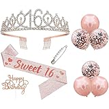 Sweet 16 Birthday Decorations Set, 16th Birthday Satin Sash,Crystal Tiara Crown and Balloons for Girls Happy 16th Birthday Party Decorations