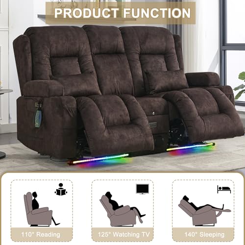 Image of URRED Power Loveseat Recliner Sofa with Massage and Heat, Wall Hugger Reclining Loveseat with Console, RV Couch Home Theater Seating with LED Lights for Living Room (Brown, 67 inch - 2 Seats)
