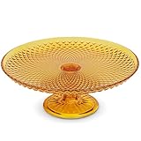 Amici Home Diamond Footed Glass Cake Stand | Round Vintage Style Cake Plate | Serving Platter for Cupcakes, Cookies | Dessert Display Stand for Parties, Weddings, and Gift | 10” D x 3.7” H (Amber)