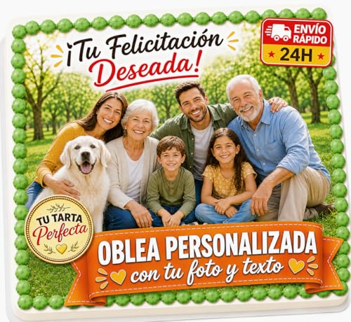 FOTO COMESTIBLE - OBLEA o Papel de AZÚCAR, Personalizada para Tarta con Foto, Nombre y Edad - Imagen Comestible Cumpleaños - Calidad Fotográfica Profesional - Varios Tamaños - Rectangular