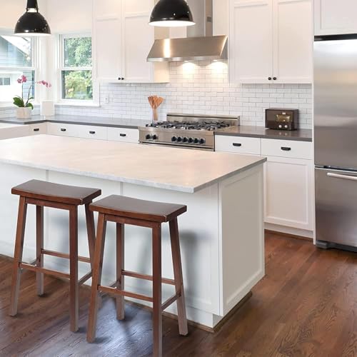 Image of PJ Wood - 24 in Backless Saddle Seat Counter Stools - Walnut 2-Piece Set | Solid Parawood, FSC-Certified, A-Frame Design, Built-In Footrests, 225 lb Capacity, Rectangular Shape, Easy Assembly