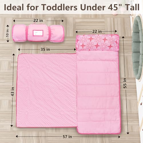 Image of Primlect Toddler Nap Mat with Removable Pillow and Fleece Blanket, Extra Large 55''x35'' Sleeping Bag, Washable, Light, Easy to Roll up, Perfect for Daycare, Preschool, Kindergarten, Travel
