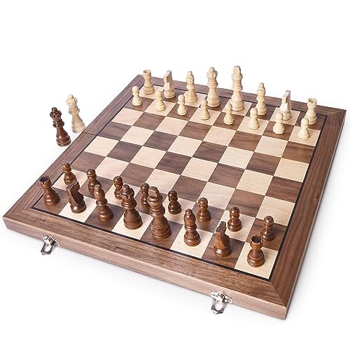 AMEROUS 15 Inches Magnetic Wooden Chess Set with 2 Extra Queens/Folding Board/Chess Pieces Storage Slots/Instructions, Portable Travel Chess Game for Beginner/Classic Board Game - Image 2