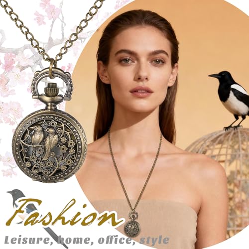 Image of JewelryWe Bronze Flower Pocket Watch: Retro Vintage Pendant Watch with Openwork Cover and 32.3 Inch Chain - for Men Women Daily Wear and Gift Giving