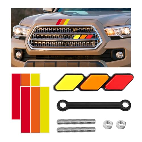 Dickno Tri-Color Grille Badge, Classic Grille Emblem with 3-Color Stripe Decal Sticker, Car Truck Grille Label Decal Decoration Compatible with 4 Runner, Highlander, RAV4 (Yellow & Orange & Red)