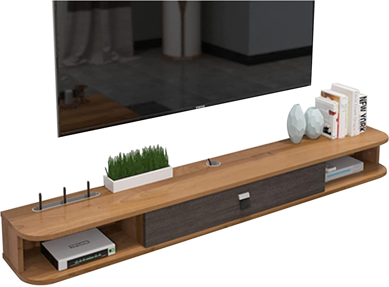 Meuble TV suspendu pour gagner de la place au sol et organiser les consoles de salon