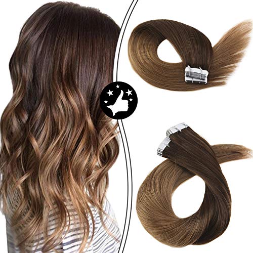 Moresoo Tape in Hair Extensions Human Hair Ombre 14 Inch Brown Tape in Hair Extensions Color 3 Brown to 6 Brown Hair Extensions Tape in 20pcs 50g Glue in Hair