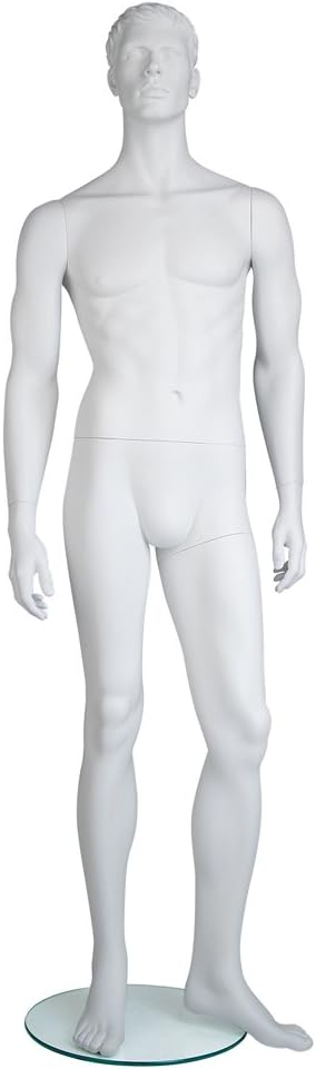 Mondo Mannequins EAMH-1 Male Mannequin, Molded Head, Arms by Side, Left Leg Slightly Bent, Position 1, True White #109