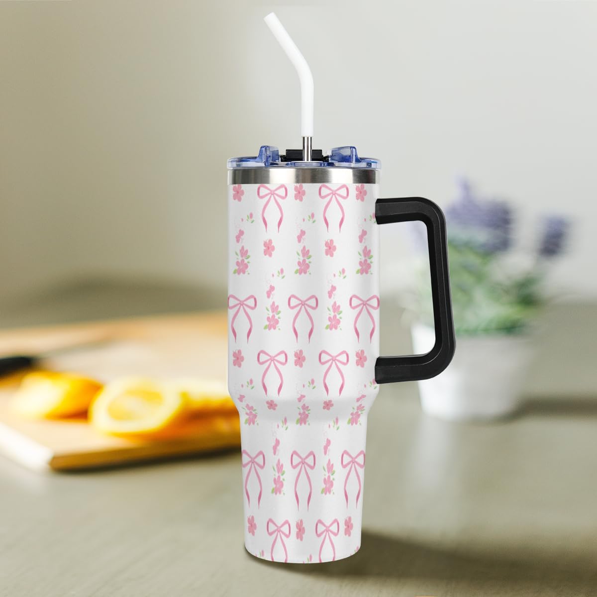 Cute Bow Tumbler with Handle, 40oz Winter Partner Water Bottle, Stainless Steel Insulated Tumblers Coffee Travel Cup with Slider Straw Lid, Present for Women Birthday - Image 9