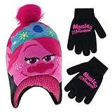 DREAMWORKS TROLLS Girls Winter Hat And Kids Gloves Set, Scarf Or Earmuffs, Poppy For Ages 4-7, Bright Pink/Black