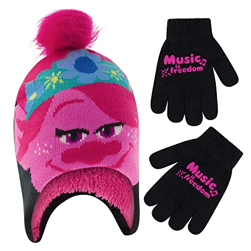 DREAMWORKS TROLLS Girls' Winter Hat and Kids Gloves Set, Scarf Or Earmuffs, Poppy for Ages 4-7