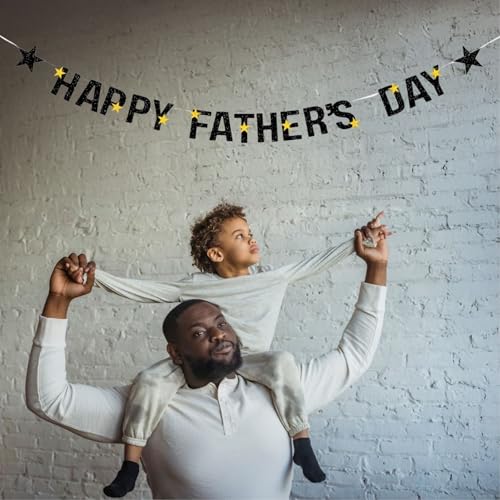 Image of Happy Father's Day Glitter Black Beer Bunting Banner for Dad Father's Party Decorations Backdrop Garland for Father's Day (Black Gold Star)