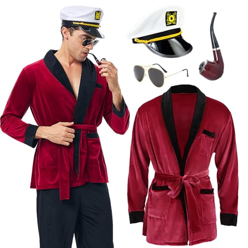 nezababy Mens Hefner Costume Red Velvet Robe Jacket Captain Hat Pipe Sunglasses Accessories Halloween Cosplay Outfits for Adult (XL/2XL) by nezababy - Used condition - US$23.32