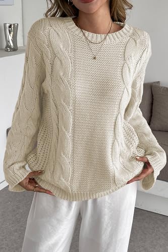 Image of Cakulo Womens Oversized Pullover Sweaters Bell Sleeve Chunky Cable Knit Sweater Crewneck Trendy Knitted Tops 2025