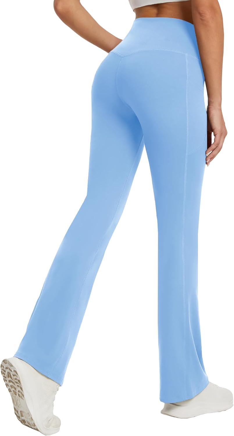 DLOODA Women's Yoga Pants with Pockets No Front Seam Crossover High Waisted Flare Leggings Tummy Control Bootcut Pants - Image 2