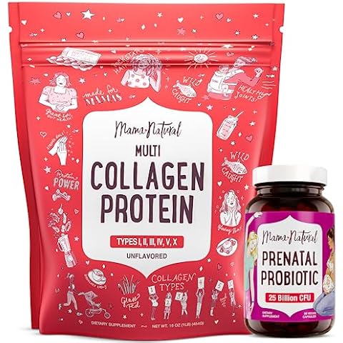 Mama Natural Prenatal Probiotics for Women & Multi Collagen Protein Powder Bundle | Includes Pregnancy Probiotic with 25 Billion Cfu & 12 Strains | 16oz Unflavored Collagen Powder with 6 Types Cover