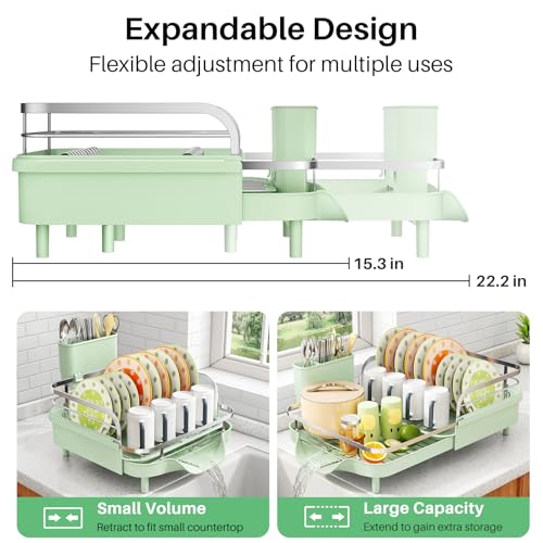 Image of SAYZH Dish Drying Rack - Expandable Dish Rack for Kitchen Counter, Rust-Resistant Dish Drainer with Utensil Holder and Raised Guardrail, Kitchen Organizer for Cup and Bottle (Green)