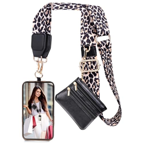 Image of XANGNIER Clip and Go Strap for Phone with Wallet Crossbody,Phone Strap with Zippered Wallet, Adjustable Anti Theft Cellphone Lanyard for Women, Cellphone Chain Accessories,Leopard
