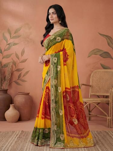 Image of SIRIL Women's Bandhani Printed Embroidery Georgette Saree with Unstitched Blouse Piece