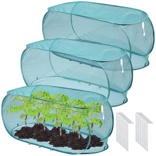 3 Pcs 39' x 18' x 16' Pop Up Garden Plants Cover with 24 Ground Nails, Mesh Netting Covers Net Cage Guard Protector for Protecting Plant Vegetable Fruit Flowers Seedlings Herbs from Birds Animals