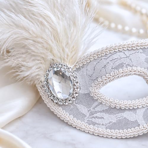 Image of Wanna Party White Lace Feather Eye Mask for Women - Elegant Net Masquerade Party Mask with Feather & Elastic Strap for Halloween, Carnival, Costume & Theme Parties