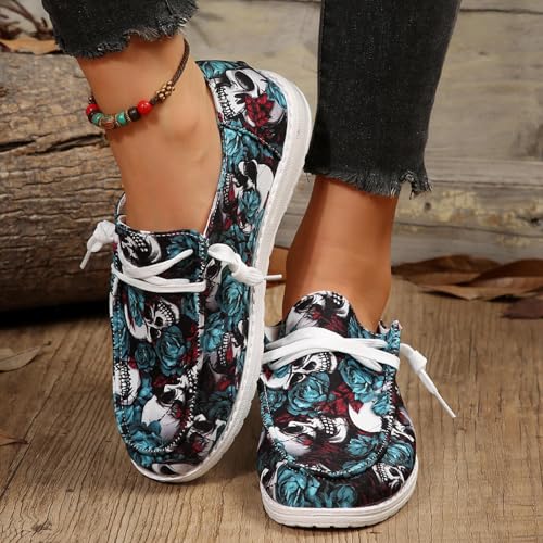 Women's Fashion Halloween Canvas Sneakers 2025,Skeleton Pumpkin Printed Low Top Lace up Walking Shoes Breathable Comfortable,Casual Flat Slip-On Shoes Pumpkin2