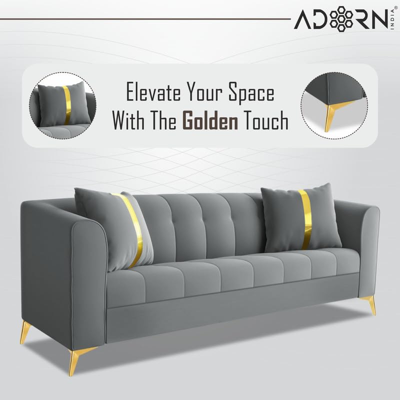 Image of Adorn India Premium Mystic - 3 Years Warranty - 3 Seater Sofa Velvet Suede Fabric - Grey