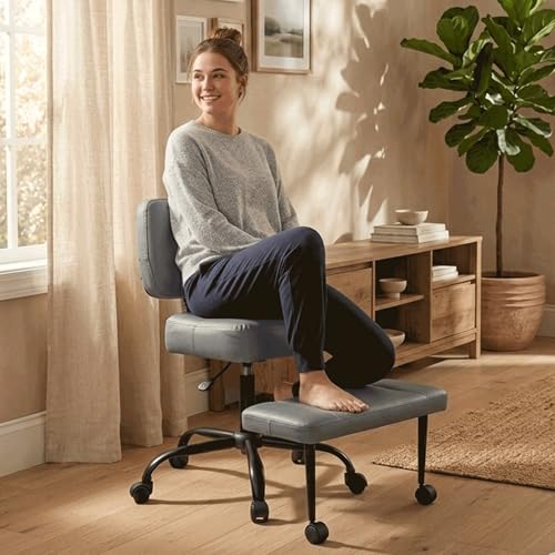 Image of Ergonomic Criss Cross Legged Office Chair, ADHD Chair, 360 Swivel Meditation Kneeling Chair with Wheels, Adjustable Footrest, Bigger & Wider Height Adjustable Seat, Strong Lumbar Support, Grey PU