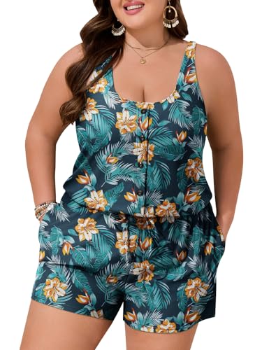Image of Summer Mae Plus Size Swim Romper One Piece Swimsuit Women Blouson Bathing Suit with Pockets 2026 Modest Swimwear Yellow Flowers Green Leaves 14 Plus