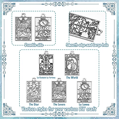 DICOSMETIC 50Pcs 5 Styles Antique Silver Tarot Card Charm Rectangle Wheel Of Fortune/The Lovers/World/Moon/Star Zinc Alloy Dangle for Jewelry Craft Making Hole: 1.8mm - Image 4