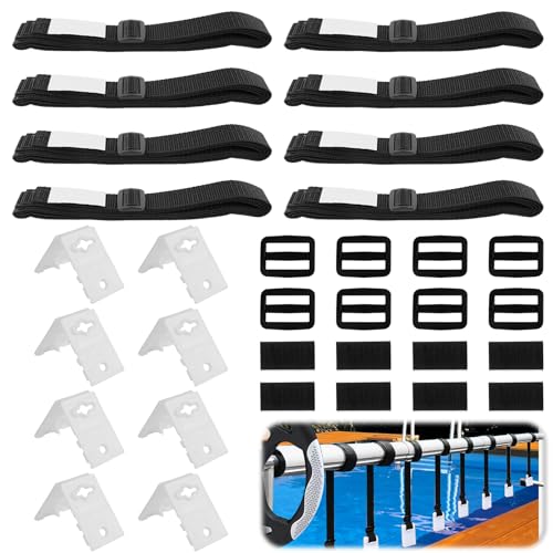 Asfrode Sangles de Maintien pour bâche Piscine, 8 pièces Kit Sangles de Fixation et Clips Rouleau Mobile Accessoires de bâche Solaire pour Piscine...