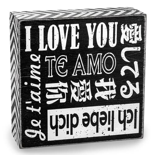 Laboos Box Sign,Dekorative Holzschilder mit Sprüchen,Süße Box singt mit Zitaten,Elegante Badezimmer Dekor Wandkunst,Retro Büro Dekor Schild mit "I Love You" in 6 Sprachen,5x5x1.8 Zoll (Schwarz) Cover