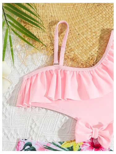 SweatyRocks Girl's Ruffle Tropical Print One Piece Bow Swimsuit Asymmetrical Cut Out Bathing Suit3