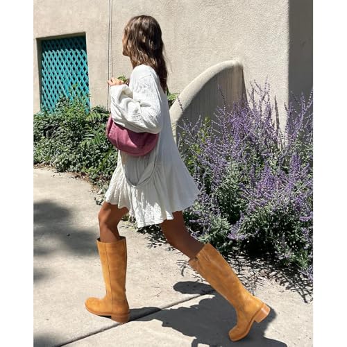 Image of Dsevht Black Knee High Boots for Women Faux Leather Elastic Low Heel Round Square Toe Side Zipper Fall Long Tall Boot