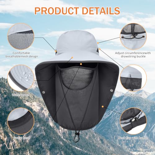 ZEXIAN Men&Women Wide Brim Fishing Ponytail Sun Hat with Removable Face and Neck Flap UPF 50+ UV Protection Safari Cap (US, Alpha, One Size, Light Grey)
