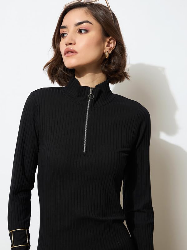 Image of barcino Black Rib High Neck Front Half Zipper Dress