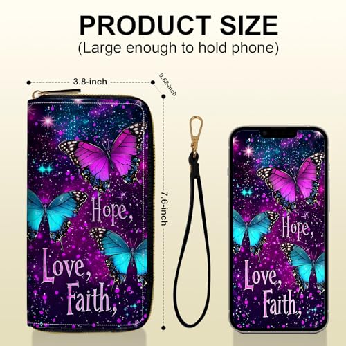Women's Card Holder Wristlet Wallet, Convenient Travel Long Wallet with Strap and Pink Compact Mirror, Fashion and Sturdy Wristlet Long Purse for Women, Purpul Butterflies3