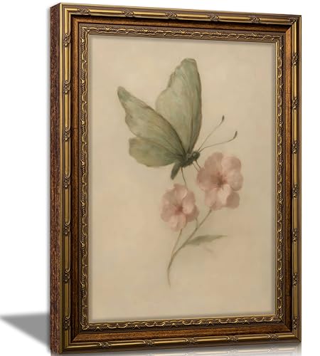 Vintage Gold Framed Wall Art, Retro Butterfly and Pink...