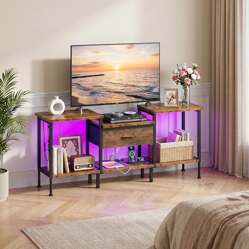 Image of GYIIYUO 47 inch TV Stand for 55 /50 /45 Inch TVs, Rustic Brown | Power Outlet, LED Light, Fabric Drawers, Open Storage, Industrial Style, Living Room & Bedroom