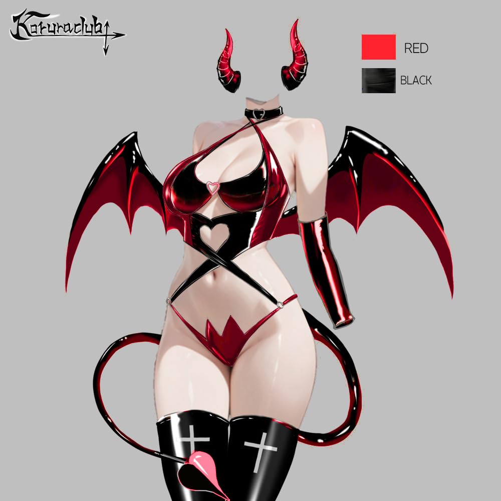 KORURACLUB Succubus Cosplay Donna (set da 6 pezzi) Anime Cosplay Lingerie Donna PU Costume Upgrade Succubus Lingerie Sexy Outfit