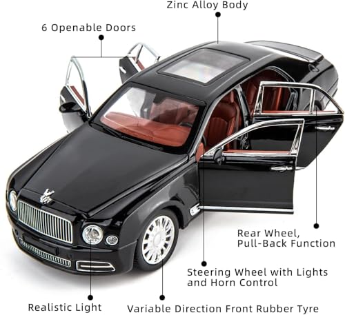 Image of Bentlley Mulsanne 1:24 Model Car with Box, Zinc Alloy Pull Back Toy car with Sound and Light for Kids Boy Girl Gift [Colors as Per Stock]