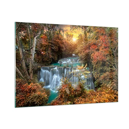 Moderne Impression sur Verre 100x70cm Image Tableau en Verre Decoration Murale parc cascade eau Grand Tableaux Decoratifs Muraux Chambre Cuisine Horizontal...
