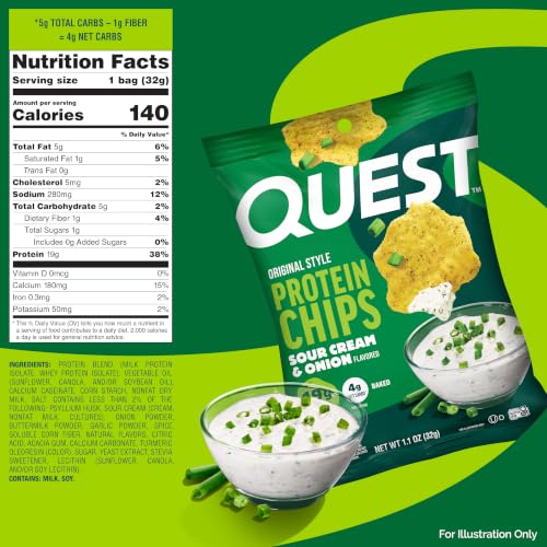 Image of Quest Nutrition Sour Cream & Onion Protein Chips, 19g Protein, 4g Net Carbs, Gluten Free, 1.1 oz (Pack of 12)