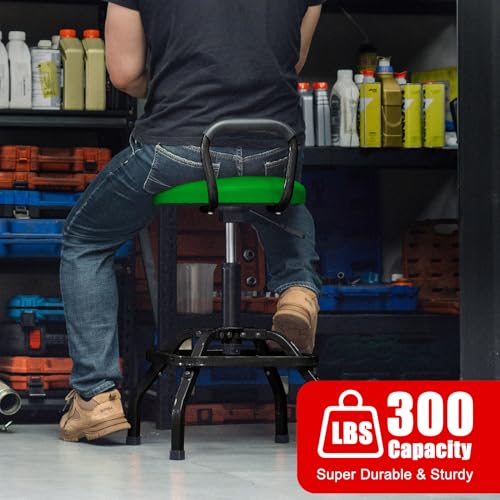 Image of Garage Stool, Adjustable Height Swivel Work Mechanic Shop Stool with Backrest, Pneumatic Shop Chair for Home, Workshop, 300 LBS Capacity, 360 Rotation, Heavy Duty, Green