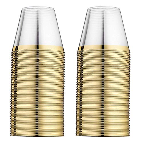 100 Plastic Cups 9 Oz Gold Plastic Cups Old Fashioned Tumblers Gold Rimmed Plastic Cups for Party Decorations Disposable Clear Plastic Cups for Wedding Cups Elegant Party Cups