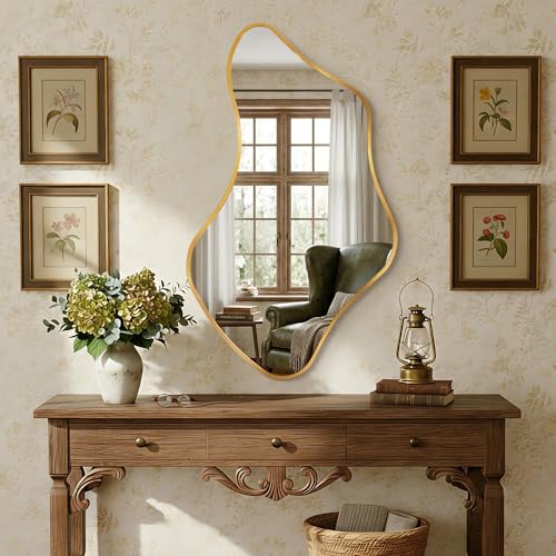 Fahomiss Miroir Mural Ondulé Irrégulier avec Cadre en Métal & Verre de Sécurité Trempé pour Salle de Bain, Chambre & Entrée