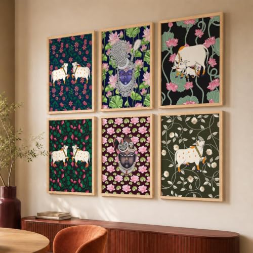 Image of kotart Traditional Indiqan Pichwai Art Digital Painting for Wall Decoration - Prints Living Room Bedroom Office Decor (14X20 Inch, B) Pack of 6